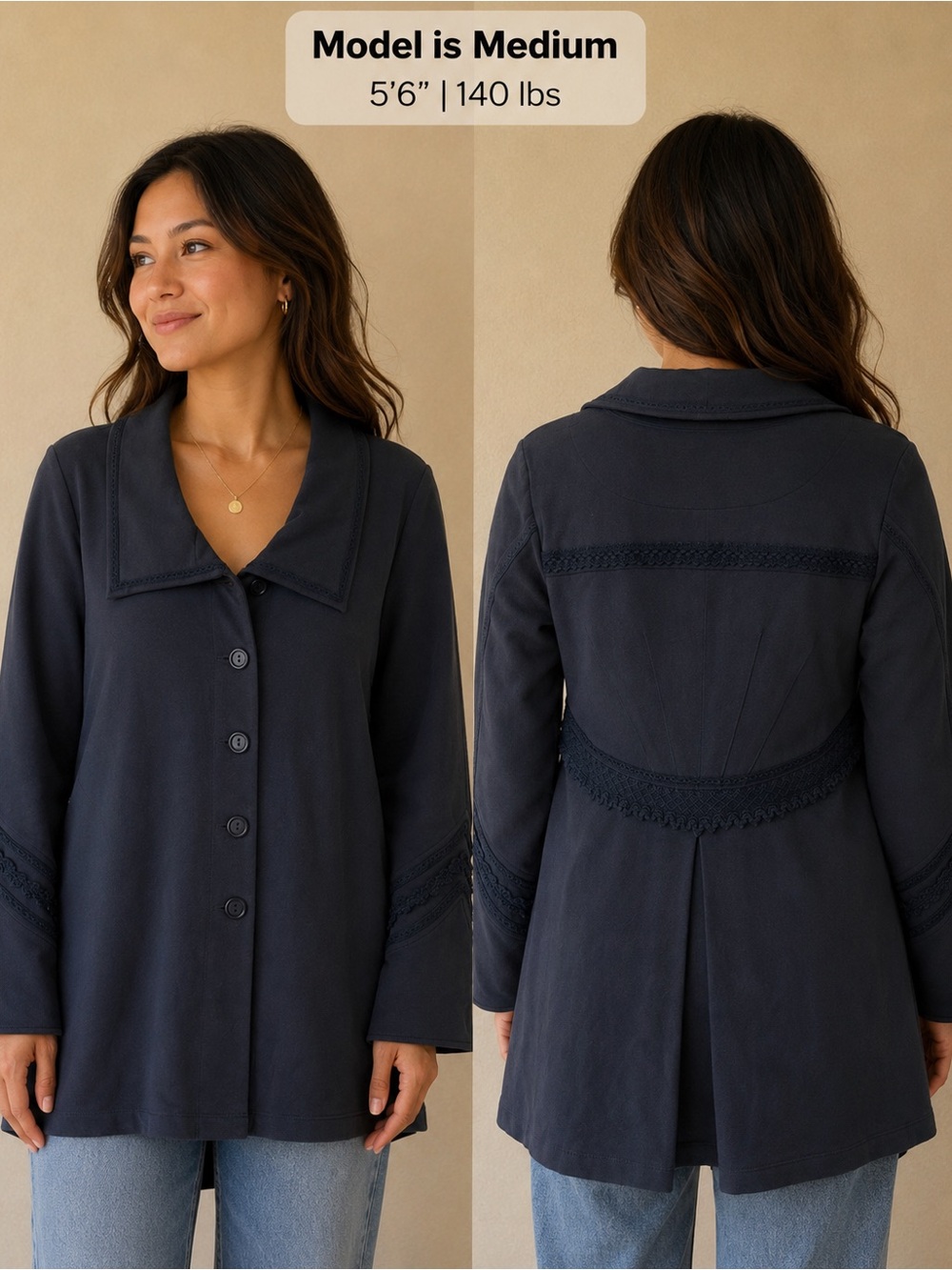 Soft Surroundings Navy Blue Knit Jacket Cardigan Lace Trim Front Medium